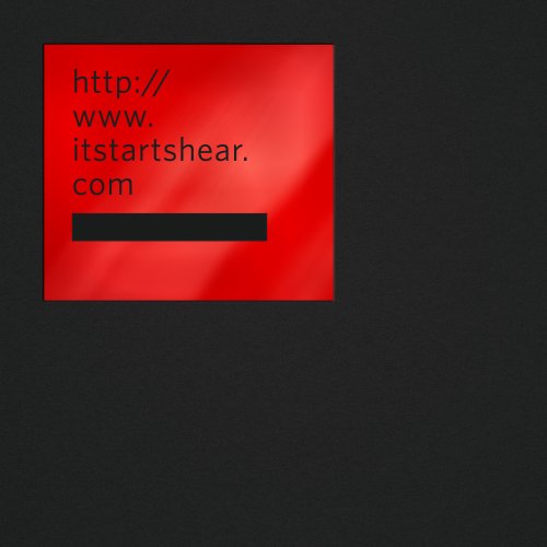 Red square with website address and obscured barcode on black background.