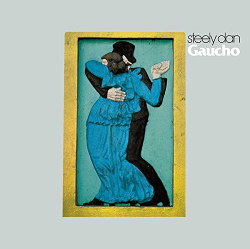 Steely Dan Gaucho album cover featuring a couple dancing in a yellow-framed teal relief.
