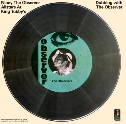Vinyl record label with an eye, portrait, and text "Observer".
