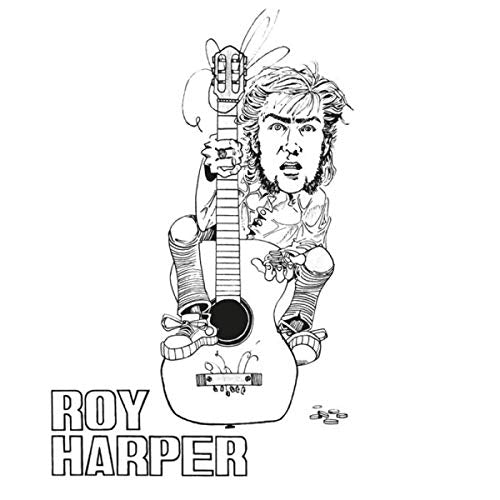 Black and white sketch of Roy Harper with a guitar, album cover art.