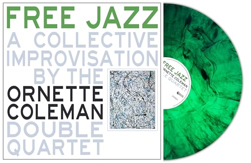 Ornette Coleman's "Free Jazz" vinyl record with green marble effect.
