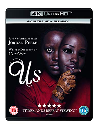 Blu-ray cover for the film Us featuring a person holding a mask.