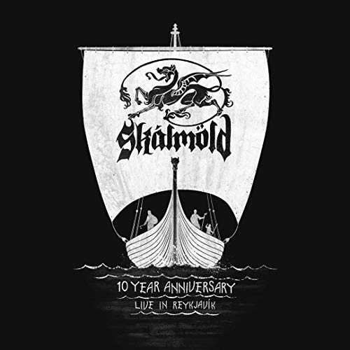 Skálmöld CD cover: Viking ship sail with dragon design, black and white.