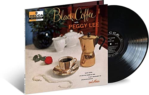 Vinyl record of Peggy Lee’s “Black Coffee” album with coffee imagery.