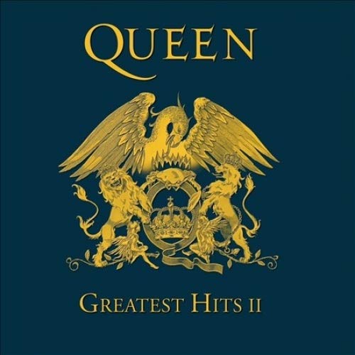 Queen Greatest Hits II album cover featuring a gold crest on a dark background.