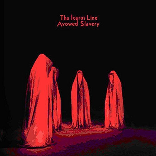 Red album cover with three shrouded figures against a dark background.