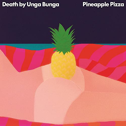CD cover with a pineapple on a pink and red abstract background.