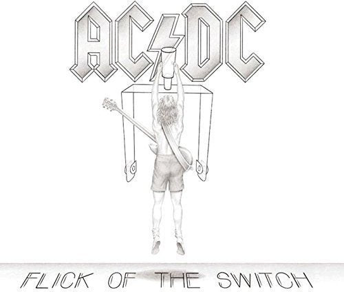 Pencil drawing of a guitarist pulling a switch under the AC/DC logo.