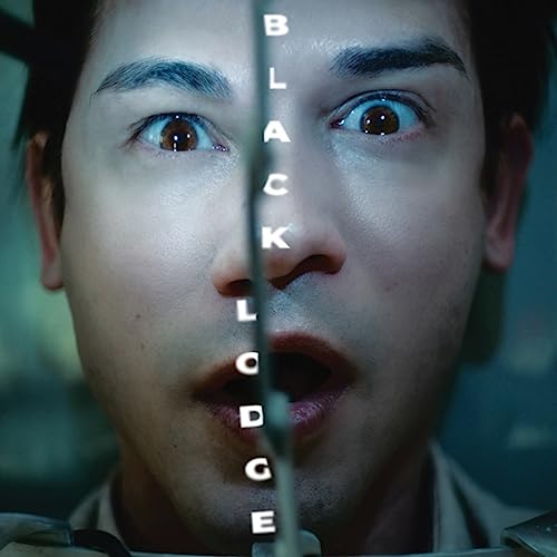Close-up of a man’s face with “Black Lodge” text vertically aligned.