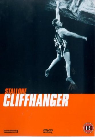 Sylvester Stallone clinging to a cliff face on the "Cliffhanger" DVD cover.