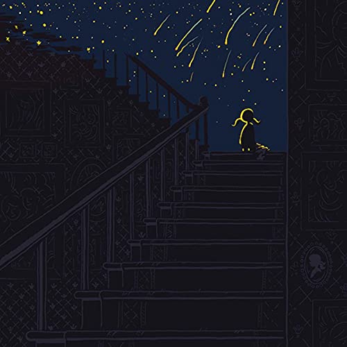 Dark blue album cover with a figure on a staircase under fireworks.