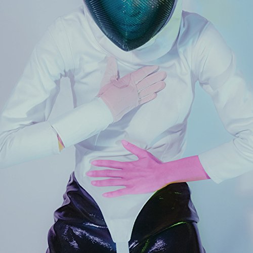 Person in white shirt with a metallic mesh mask and pink gloves.