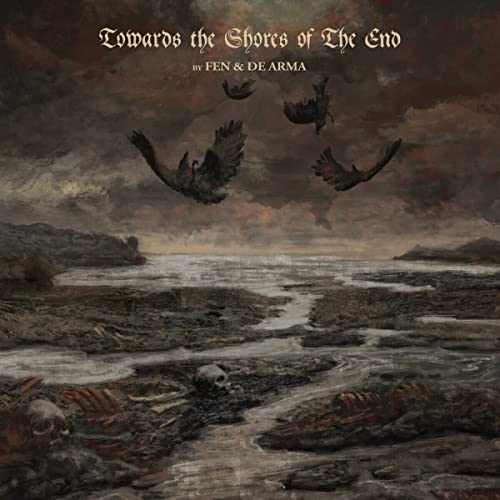 Dark landscape with birds in flight, album cover for Fen & De Arma.