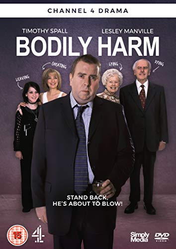 A DVD cover for Bodily Harm with five people in formal wear on a purple background.