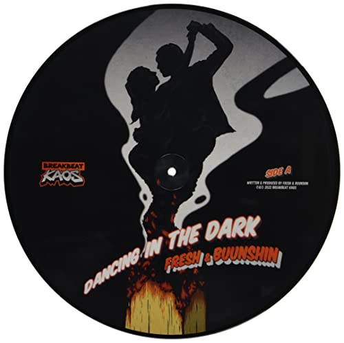 Black vinyl record with silhouettes of dancing figures and fiery text.