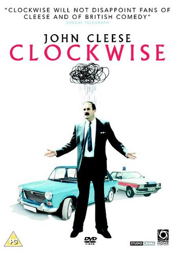 John Cleese in "Clockwise" DVD cover, with cars and tangled wire.