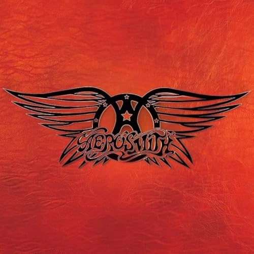 Aerosmith logo with black wings on a textured red background.
