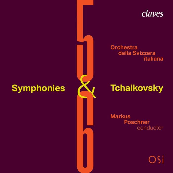 CD cover for Tchaikovsky symphonies, featuring bold orange typography on maroon.