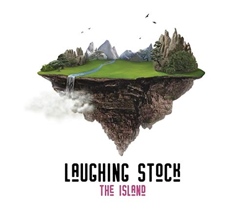 Floating island with trees, waterfall, and album title "Laughing Stock - The Island".