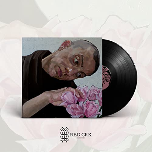 Vinyl record and album cover featuring a painting of a person touching pink tulips.