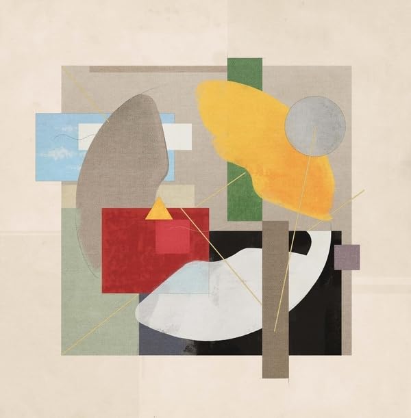 Abstract geometric shapes in yellow, red, grey, and blue on a beige background.