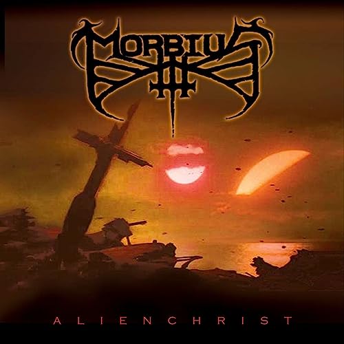 Morbius album cover: fiery sunset, broken cross, and stylized band logo.