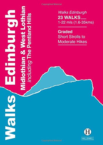 Book cover for Walks Edinburgh, Midlothian and West Lothian with pink and blue graphics.