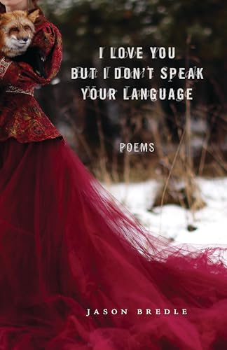 Poetry book cover with a woman in a red dress and a fox.