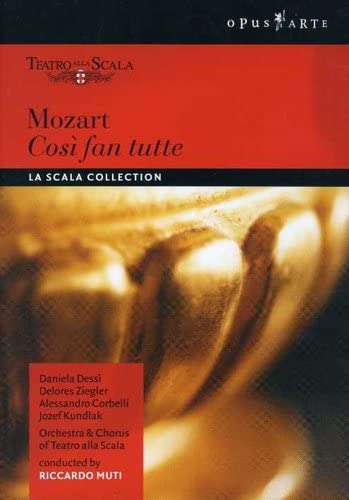DVD cover for Mozart’s “Così fan tutte” opera, featuring gold masks.