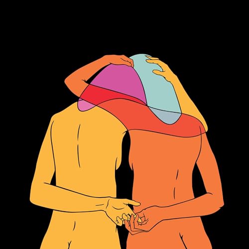 Two figures embrace, outlined in bright colors against a black background.