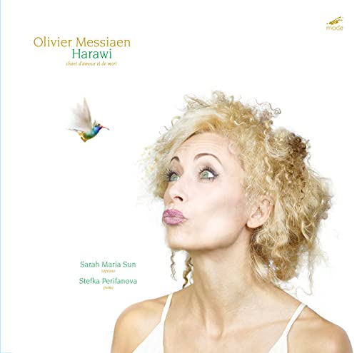 Album cover for Olivier Messiaen’s Harawi, featuring a woman and hummingbird.