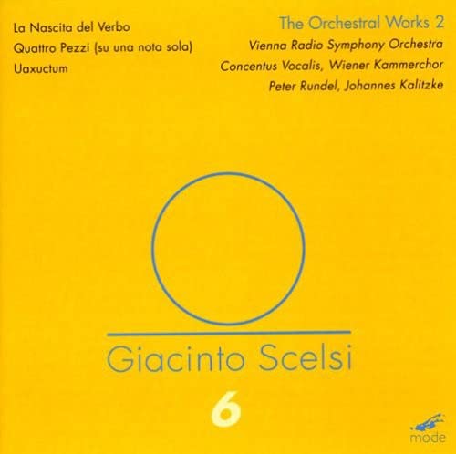 DVD cover for Scelsi’s Orchestral Works 2, yellow background, blue circle.