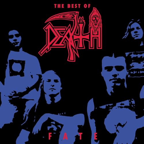 Death album cover: band portraits in blue, red logo and text.