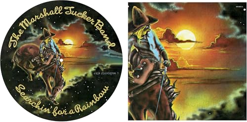 Vinyl record cover: cowboy on horseback against a sunset sky.