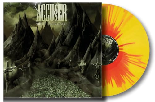 Accuser album cover with dark mountains and a sunburst yellow vinyl record.