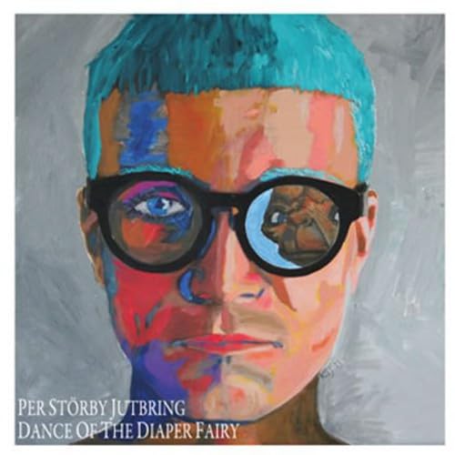 Painted portrait of a person with blue hair and large sunglasses.