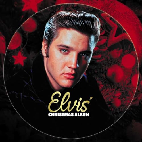 Elvis Presley portrait on a circular red and black Christmas album cover.