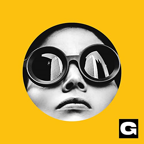 Black and white portrait of a person wearing large round sunglasses.