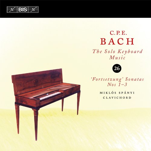 CD cover featuring a dark wooden clavichord and red text: "BACH.