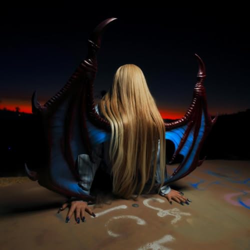 Person with long blonde hair and large, dark wings, facing away.