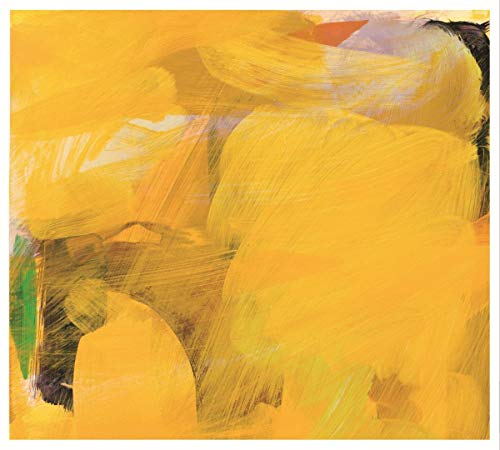 Abstract yellow and purple painting, vinyl record album cover art.