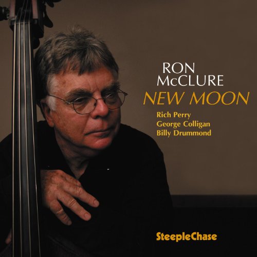 Ron McClure portrait with upright bass, album cover for “New Moon.”