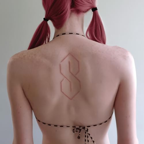 A person with pink pigtails and a geometric S tattoo on their back.