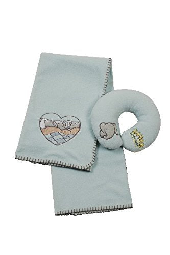 Light blue baby blanket and matching neck pillow with elephant embroidery on white background.