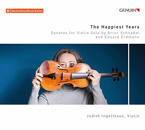 Violinist Judith Ingolfsson holds a violin over her face, album cover.