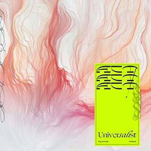 Vinyl record cover with abstract pink and white swirls, yellow text.
