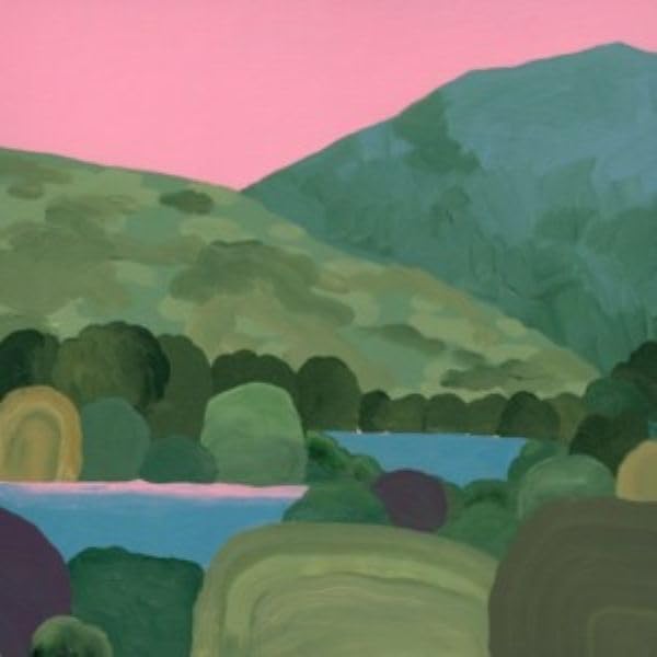 Painted landscape with green hills, a blue lake, and a pink sky.