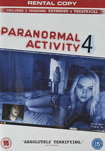 Paranormal Activity 4" DVD cover with figures in a darkened room.