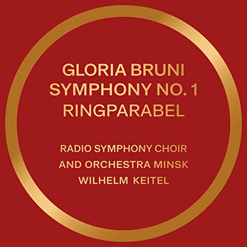 Red circle with gold trim displaying “Gloria Bruni Symphony No. 1” text.