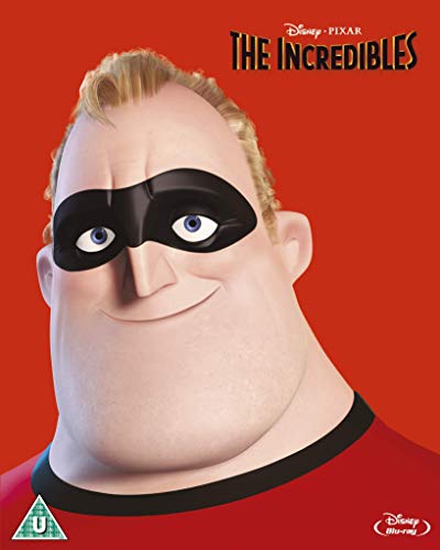 Close-up of Mr. Incredible on a red background with the movie title above.